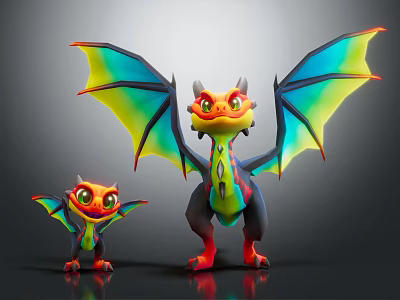 Vibrant Dragon Characters With Colorful Wings Small And Large Cute Features 3d model