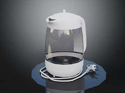 White Electric Kettle With Transparent Body And Power Cord On Black Base 3d model
