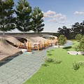 Wooden Boardwalk Road Facility With Water Area Green Plants Trees And People Walking