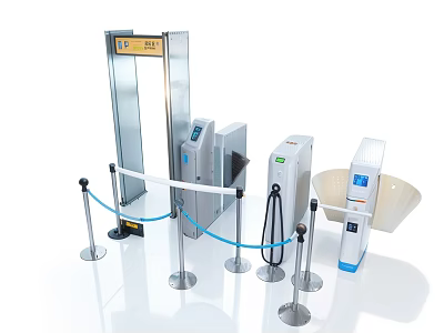 Public Facilities Security Check Setup With Gate Turnstile Handheld Detector And Barrier Ropes 3d model