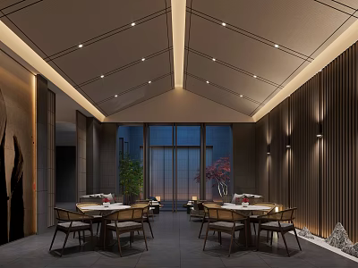 Modern Lounge Area With Wooden Walls Dining Tables Recessed Lighting And Green Plants 3d model