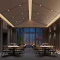 Modern Lounge Area With Wooden Walls Dining Tables Recessed Lighting And Green Plants