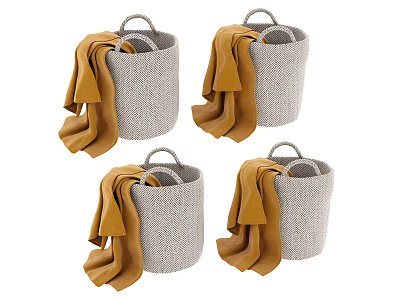 Set of Four Gray Woven Storage Baskets with Yellow Towels for Home Organizing 3d model
