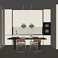 Modern Restaurant Open Kitchen With Dining Table Chairs Pendant Lights And Cabinets