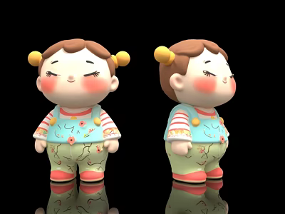 Two Cartoon Style Ceramic Dolls with Brown Hair Yellow Pigtails Red Shoes and Black Background Reflections 3d model