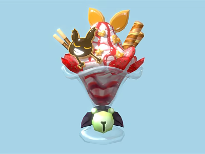 Colorful Ice Cream Sundae With Fresh Strawberries Chocolate Drizzle Waffle Sticks And Decorative Topping 3d model