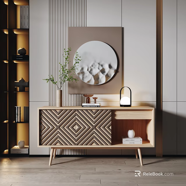 Modern Entryway And Side Cabinet With Wooden Geometric Design Round Mirror Vase And Books 3d model 