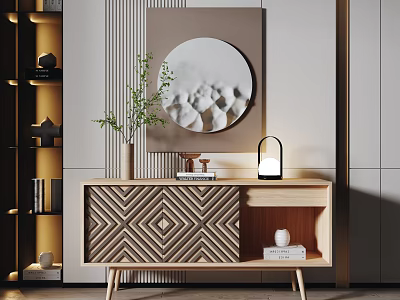 Modern Entryway And Side Cabinet With Wooden Geometric Design Round Mirror Vase And Books 3d model