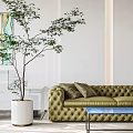 Modern Living and Dining Room Interior With Green Velvet Sofa Metal Chair And Herringbone Floor