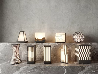 Modern Outdoor Lights With Diverse Designs And Various Shapes On Marble Surface 3d model