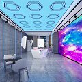 Modern Public Office Space With Galaxy Backdrop Ceiling Spotlights Reflectors Ring Light Tripods White Desk