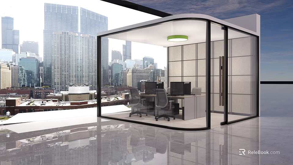 Modern Office Interior With Glass Partition City View Desks Computers And Pendant Light 3d model 