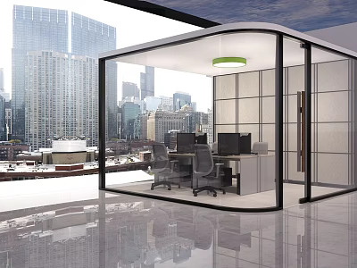 Modern Office Interior With Glass Partition City View Desks Computers And Pendant Light 3d model