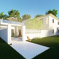 Modern Rural Self Built House With Green Yard Trees Outdoor Patio And Furniture
