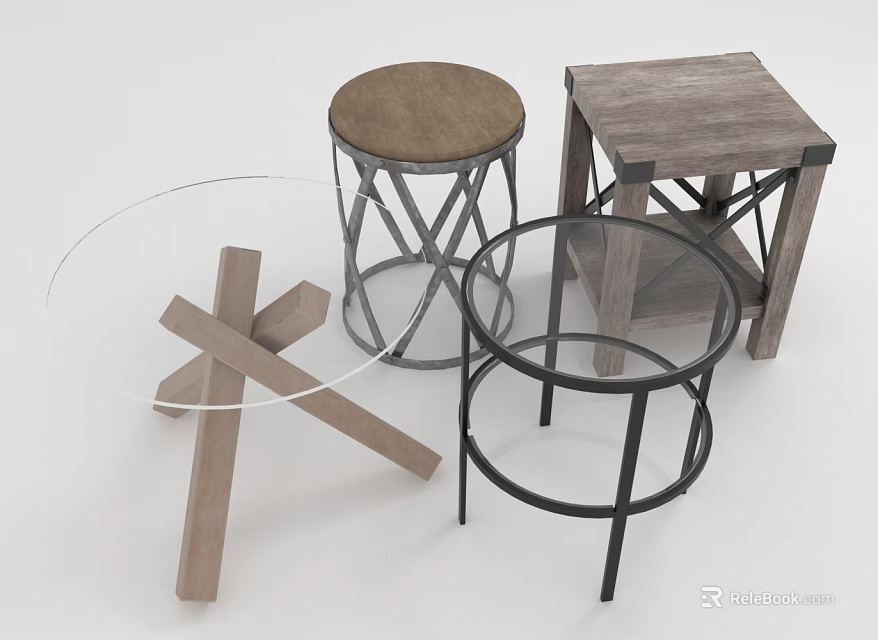 Modern Minimalist Furniture Collection With Wooden Stools Metal Frames And Glass Tops 3d model 