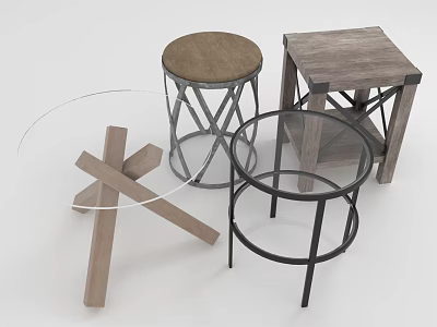 Modern Minimalist Furniture Collection With Wooden Stools Metal Frames And Glass Tops 3d model