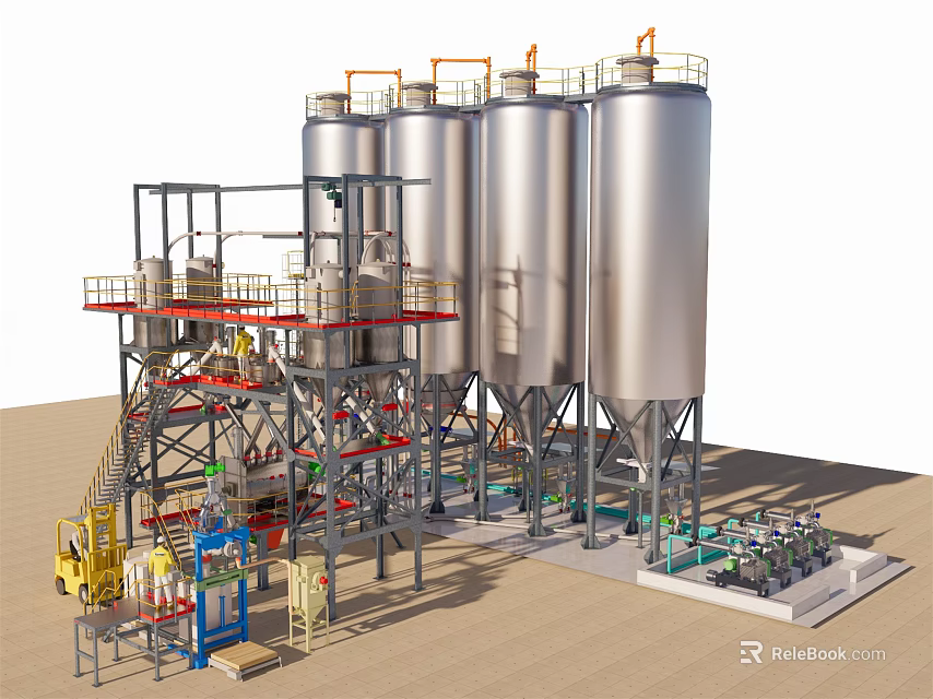 Industrial Processing Equipment With Large Stainless Steel Storage Tanks Platforms And Piping Systems 3d model 