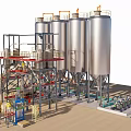 Industrial Processing Equipment With Large Stainless Steel Storage Tanks Platforms And Piping Systems