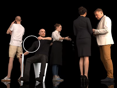 Group of people in various poses with different clothing diverse genders ages on black background 3d model