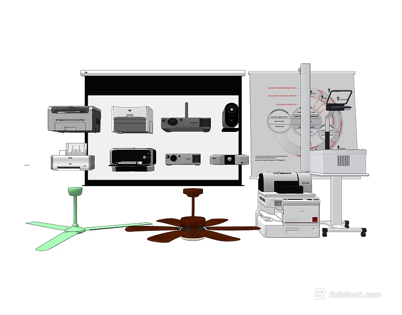 Essential Office Electronics Collection With Projectors Printers Fans Display Stands And Screens 3d model 