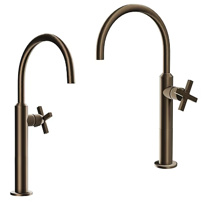 Modern Stylish Brass Faucets With Curved Spouts And Cross Handles Design 3d model