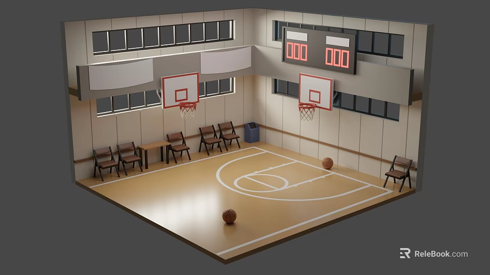 Basketball Court Interior With Wooden Floor Basketball Hoops Scoreboard And Chairs 3d model 