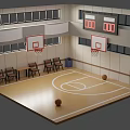 Basketball Court Interior With Wooden Floor Basketball Hoops Scoreboard And Chairs