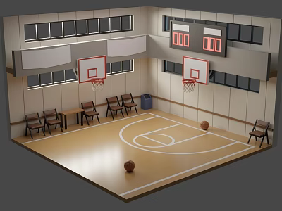 Basketball Court Interior With Wooden Floor Basketball Hoops Scoreboard And Chairs 3d model