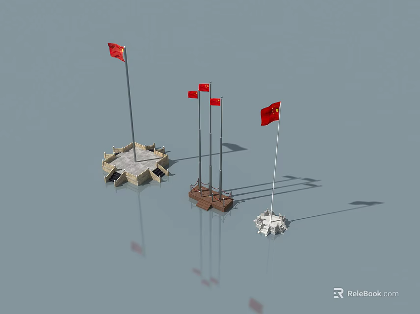 Red National Flags On Multiple Flagpoles With Different Base Designs 3d model 