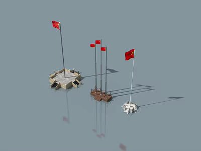 Red National Flags On Multiple Flagpoles With Different Base Designs 3d model