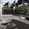 Modern Courtyard Feature Wall Design With Greenery Stone Paving Sofa And Coffee Table 3d model