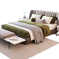Modern Double Bed Interior With Upholstered Headboard Green Bedspread Striped Throw Blanket Pillows Nightstands And Lamps