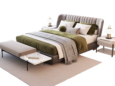 Modern Double Bed Interior With Upholstered Headboard Green Bedspread Striped Throw Blanket Pillows Nightstands And Lamps 3d model