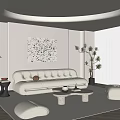Modern Living Room Interior With Cream Sofa Coffee Table Round Ceiling Light And Decorative Painting
