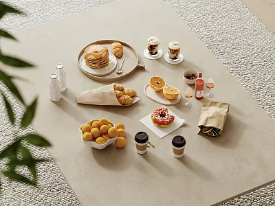 Cozy Breakfast Spread With Pancakes Croissants Donut Oranges Coffee And Juice Cups 3d model