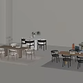 Modern Minimalist Dining Table Set With Round Rectangular Tables Wooden Chairs And Decorative Plants 3d model