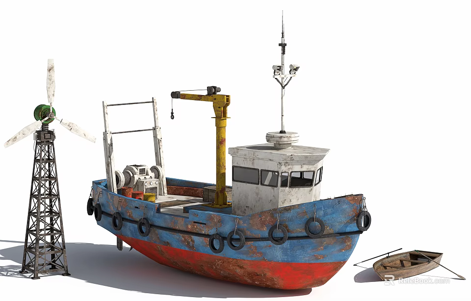 Rusty Blue And Red Ship With Crane And Structural Equipment 3d model