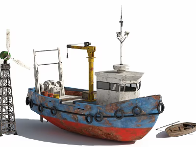 Rusty Blue And Red Ship With Crane And Structural Equipment 3d model