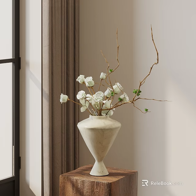 Indoor Bonsai Plant Display On Wooden Table With Window And Brown Curtains 3d model 