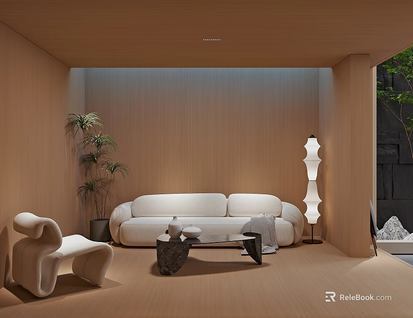 Modern Home Theater Room Featuring Beige Sofa Wooden Walls Floor Lamp And Green Plant 3d model 
