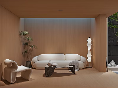 Modern Home Theater Room Featuring Beige Sofa Wooden Walls Floor Lamp And Green Plant 3d model