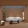 Modern Home Theater Room Featuring Beige Sofa Wooden Walls Floor Lamp And Green Plant