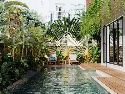Serene Garden With Swimming Pool Lush Tropical Plants And Lounge Chairs On Wooden Deck 3d model