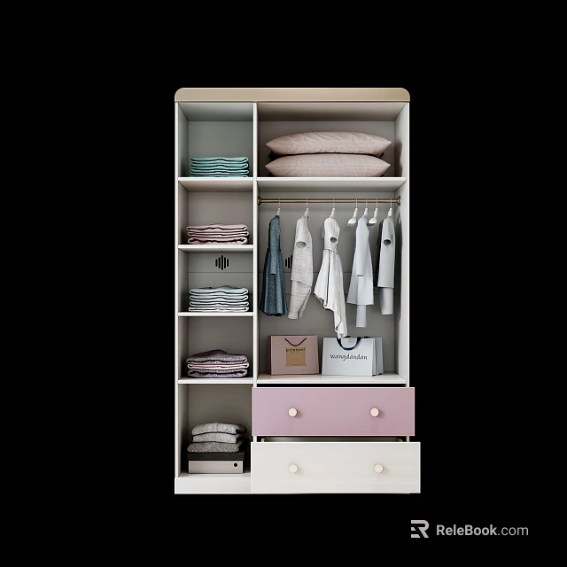 Modern White and Pink Wardrobe with Folded Clothes Hanging Garments and Storage Drawers 3d model 