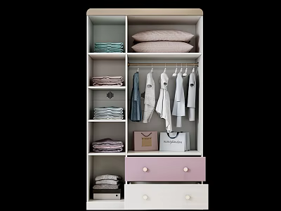 Modern White and Pink Wardrobe with Folded Clothes Hanging Garments and Storage Drawers 3d model