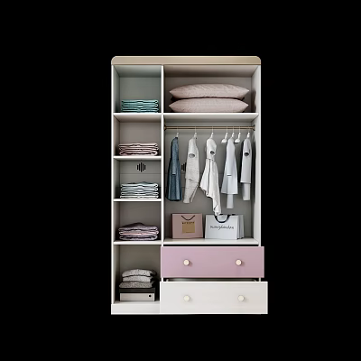 Modern White and Pink Wardrobe with Folded Clothes Hanging Garments and Storage Drawers 3d model