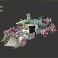 Futuristic Mechanical Vehicle With Front Bucket Large Wheels And Red Blue Details