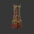 Intricate Wooden Tower Structure With Intertwined Sticks Ropes And Red Bands