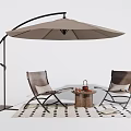 Modern Outdoor Table Setup With Leisure Chairs And Cantilever Umbrella On Patterned Rug