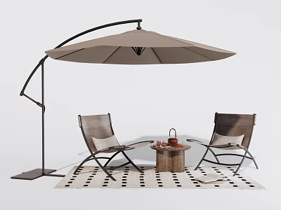 Modern Outdoor Table Setup With Leisure Chairs And Cantilever Umbrella On Patterned Rug 3d model